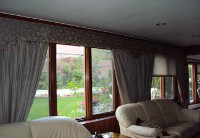 Custom cornice with stationary tie backs.